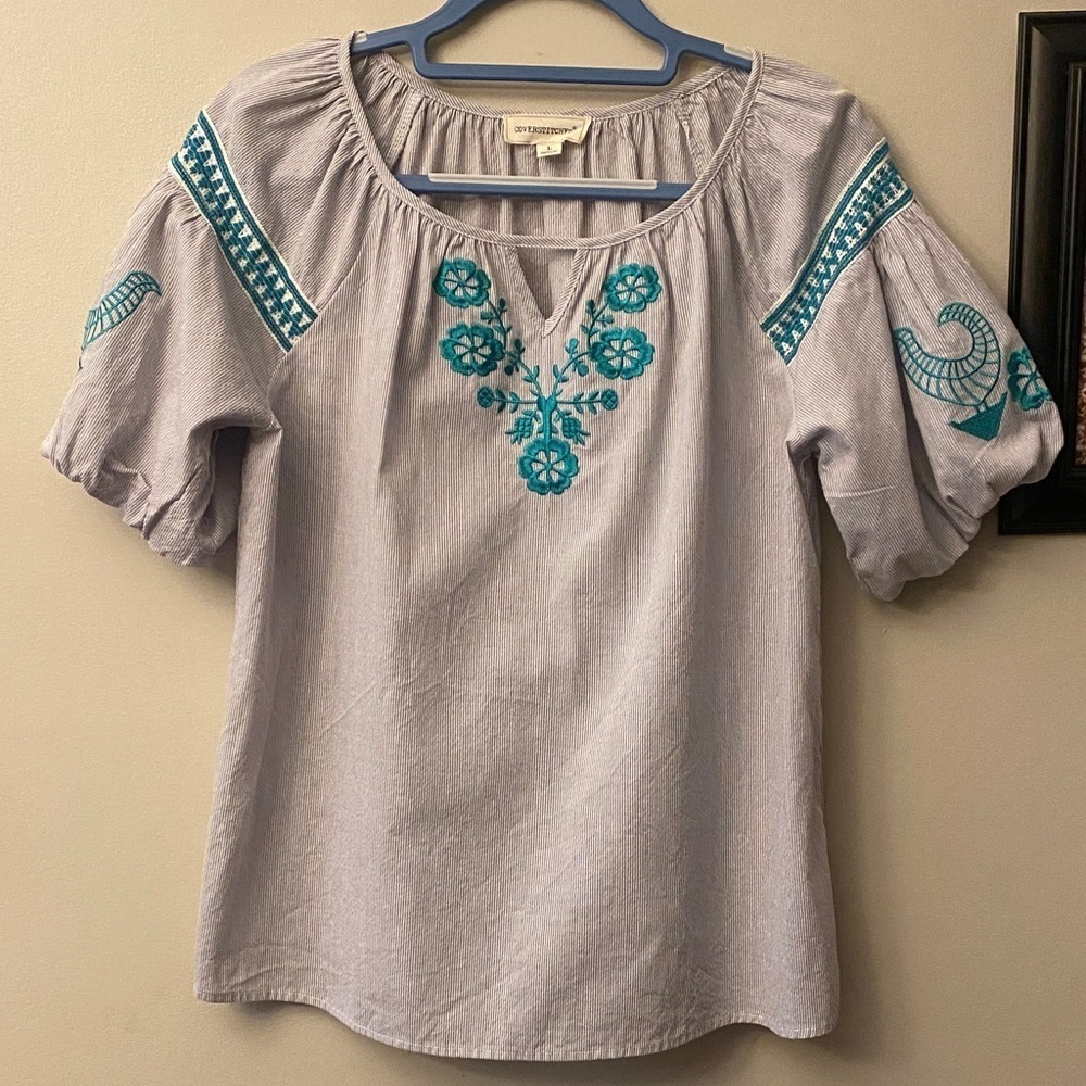 Coverstitched Gray Blouse with Teal Embroidery